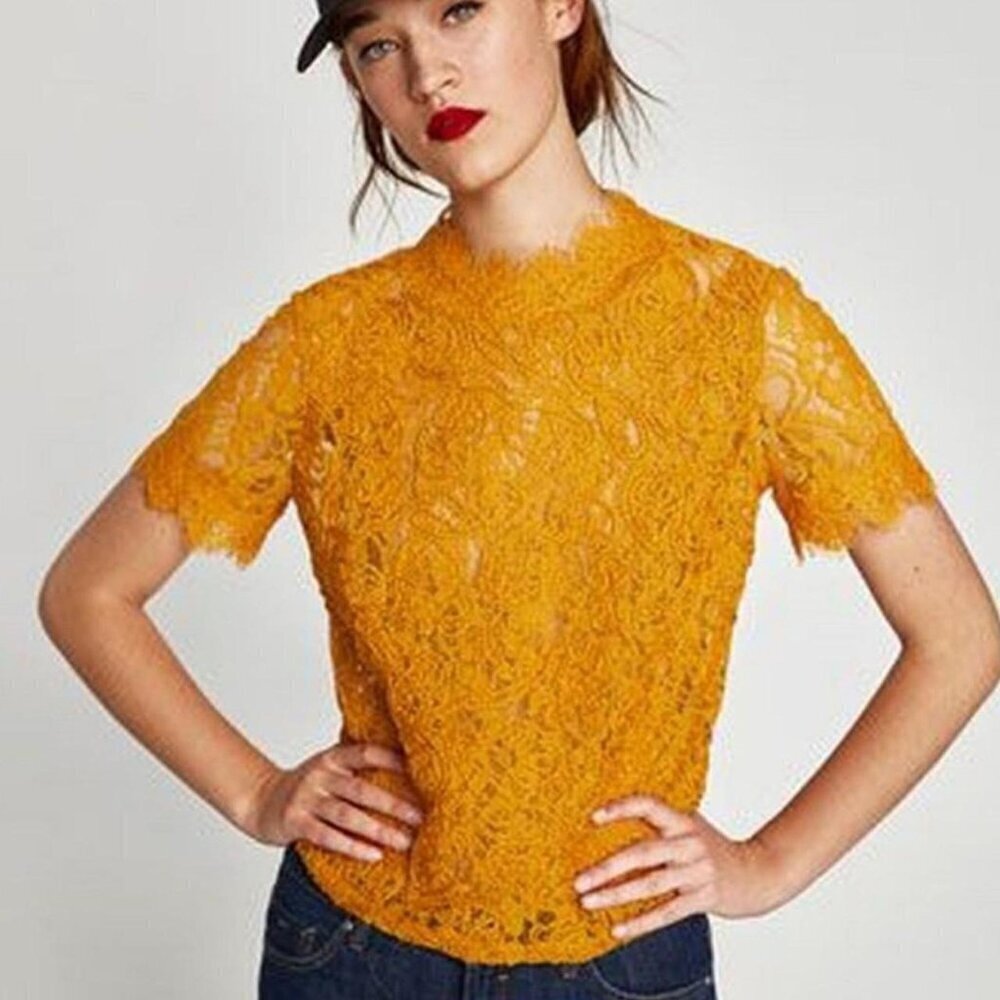 Zara Mustard mock neck lace zip up top size S